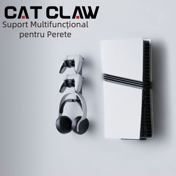 Suport de perete pentru jocuri PS5/PS5 Pro/PS5 Slim cu spațiu pentru controler și căști, construcție metalică, model MZ-8005X, greutate 900 g