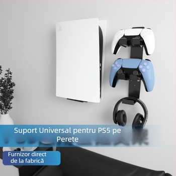 Suport de perete pentru jocuri PS5/PS5 Pro/PS5 Slim cu spațiu pentru controler și căști, construcție metalică, model MZ-8005X, greutate 900 g