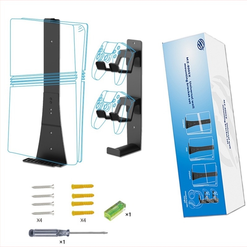 Suport de perete pentru jocuri PS5/PS5 Pro/PS5 Slim cu spațiu pentru controler și căști, construcție metalică, model MZ-8005X, greutate 900 g