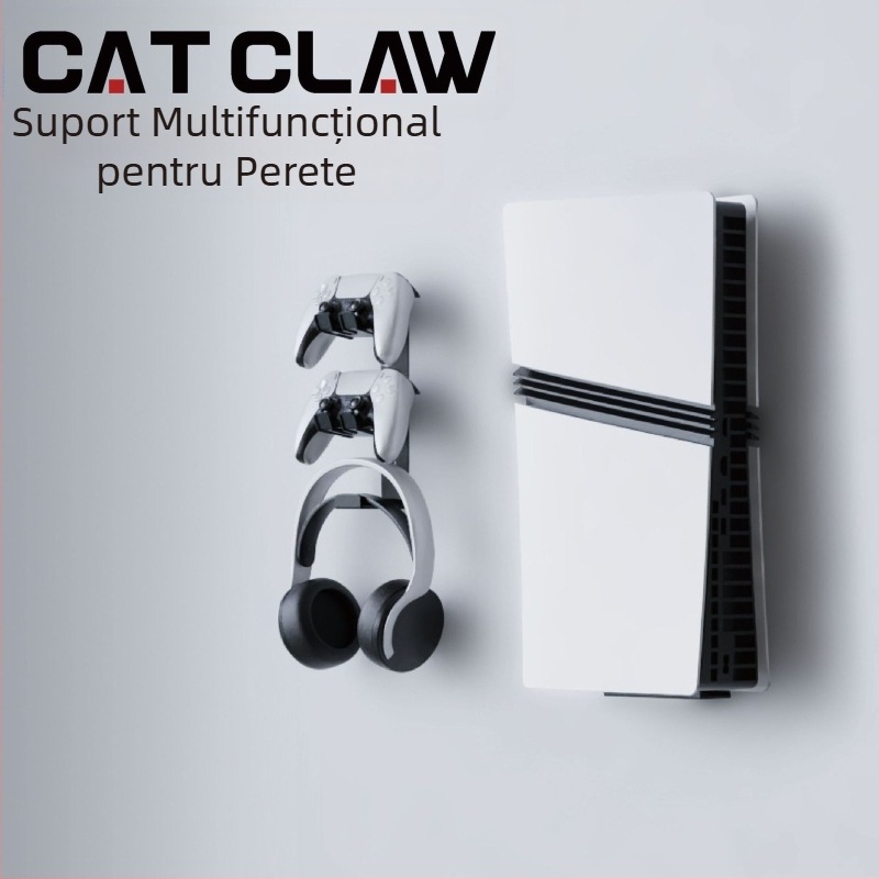 Suport de perete pentru jocuri PS5/PS5 Pro/PS5 Slim cu spațiu pentru controler și căști, construcție metalică, model MZ-8005X, greutate 900 g