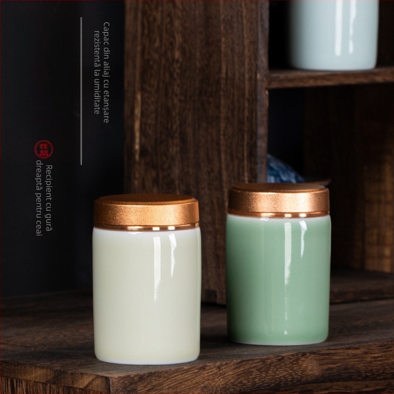 Recipient ceramic pentru ceai, cu finisaj Celadon și capac din aliaj, rezistent la umezeală, posibilitate imprimare logo