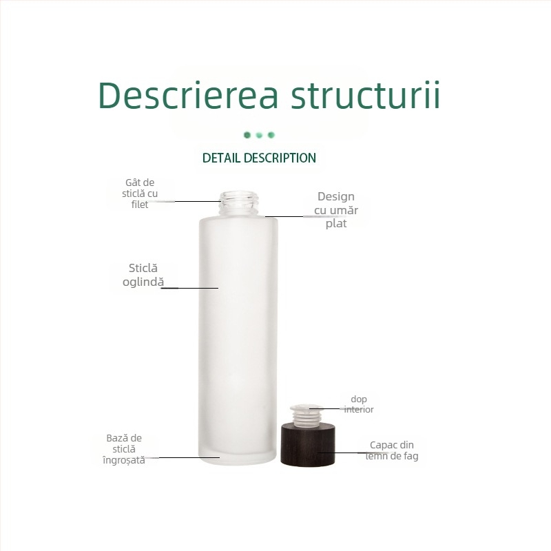 Sticlă pentru ulei esențial cu sticlă mată, capac din lemn de frasin, etichetă personalizabilă, toleranță ±0.5 ml