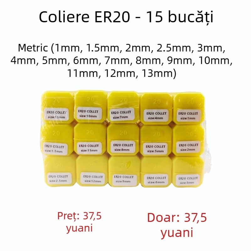 Set ER20 collet, 15 buc., conicitate de 8°, oțel rapid, precizie 0.015 mm