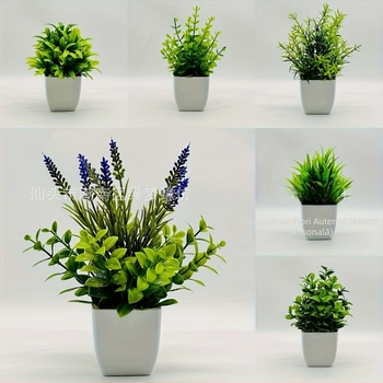 Plantă artificială mică în ghiveci pentru birou — Material: plastic; Confecție: turnare prin injecție; Utilizări: decor interior, recuzită pentru fotografii, nunți