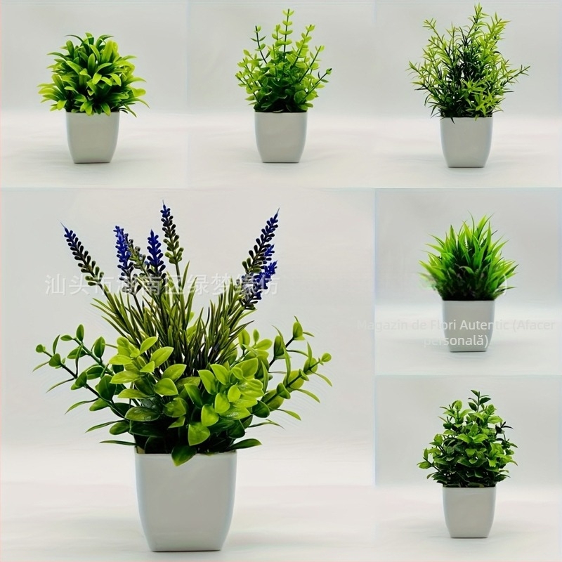 Plantă artificială mică în ghiveci pentru birou — Material: plastic; Confecție: turnare prin injecție; Utilizări: decor interior, recuzită pentru fotografii, nunți