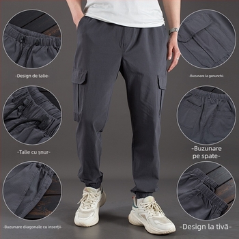 Pantaloni cargo, croială lejeră, talie înaltă, amestec din bumbac-elastan, buzunare multiple