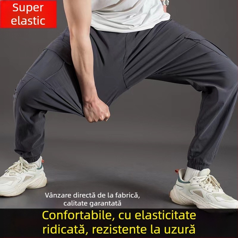 Pantaloni cargo, croială lejeră, talie înaltă, amestec din bumbac-elastan, buzunare multiple