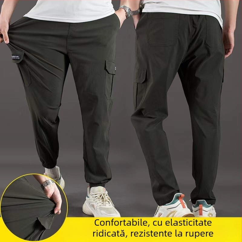Pantaloni cargo, croială lejeră, talie înaltă, amestec din bumbac-elastan, buzunare multiple