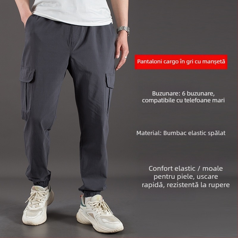 Pantaloni cargo, croială lejeră, talie înaltă, amestec din bumbac-elastan, buzunare multiple