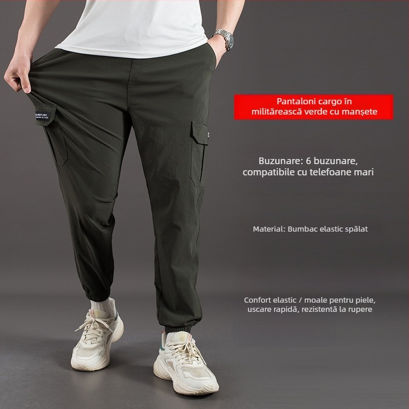 Pantaloni cargo, croială lejeră, talie înaltă, amestec din bumbac-elastan, buzunare multiple