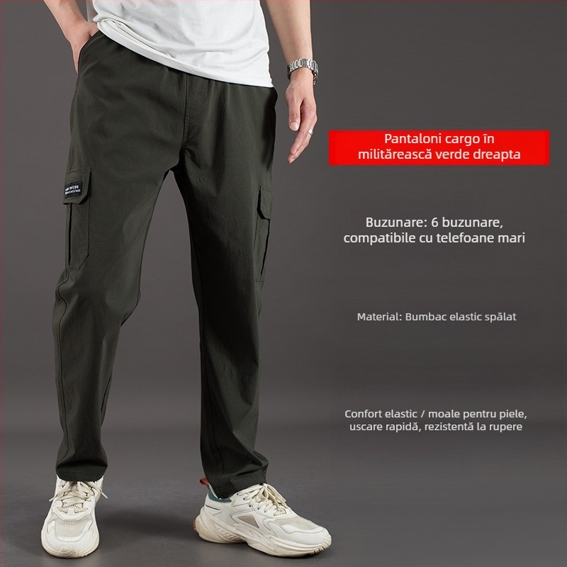 Pantaloni cargo, croială lejeră, talie înaltă, amestec din bumbac-elastan, buzunare multiple