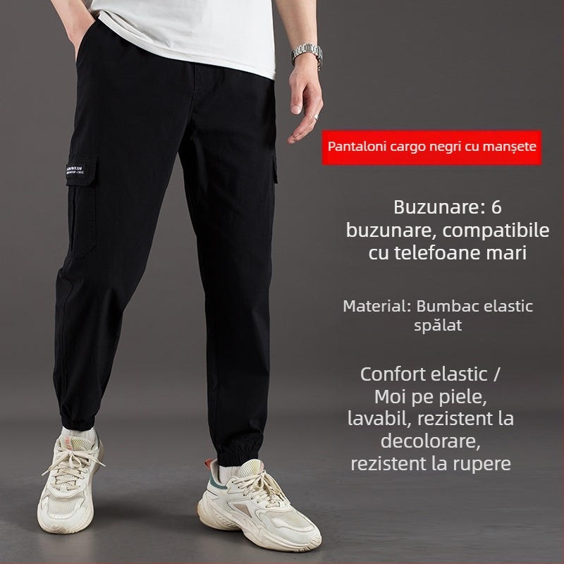 Pantaloni cargo, croială lejeră, talie înaltă, amestec din bumbac-elastan, buzunare multiple