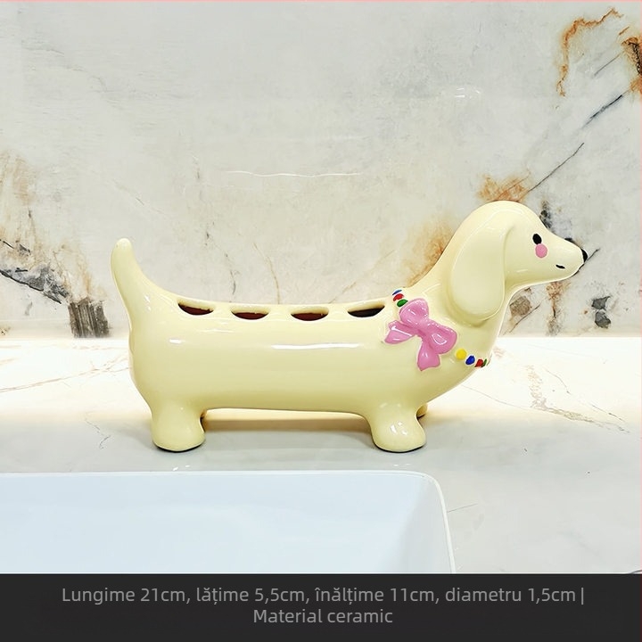Suport pentru periuțe de dinți cu dachshund desenat — bază din plastic pentru baie
