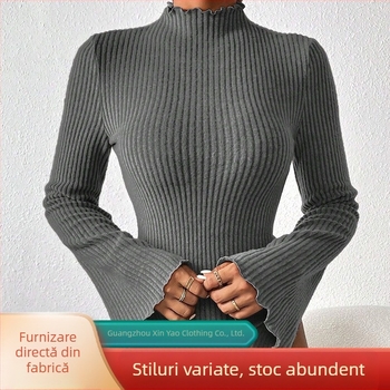 Body tricotat cu mâneci lungi, design pulover, croi slim, patchwork, poliester