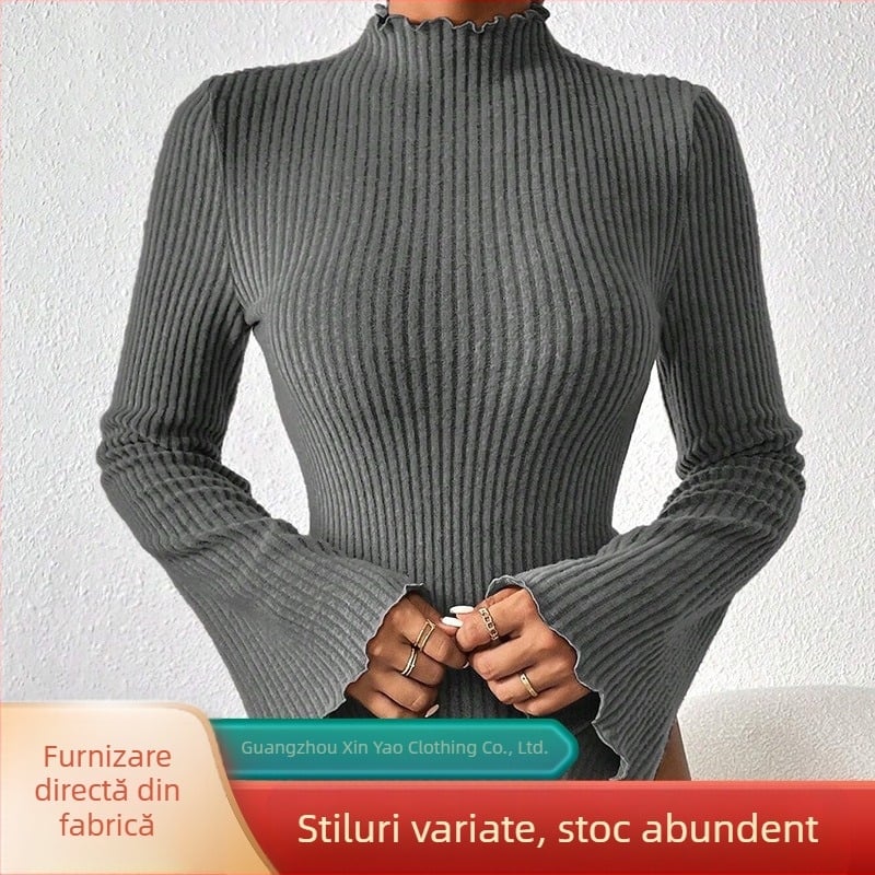 Body tricotat cu mâneci lungi, design pulover, croi slim, patchwork, poliester