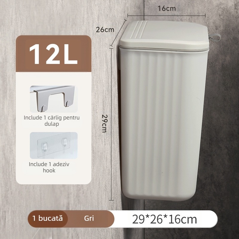 Coș de gunoi montat pe perete, 12 L, din plastic, cilindru lung, cu capac tip rocker