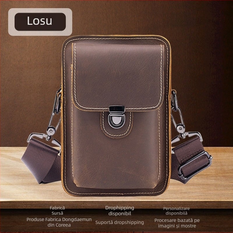 Geantă talie pentru bărbați, din piele naturală, rezistentă la uzură, model monocrom, căptușeală din poliester