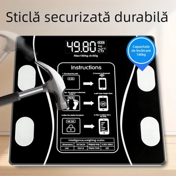Cântar digital de greutate, măsoară greutatea, grăsimea, caloriile și umiditatea, 180 kg max, încărcare USB sau 7 baterii, CE/FCC certificat