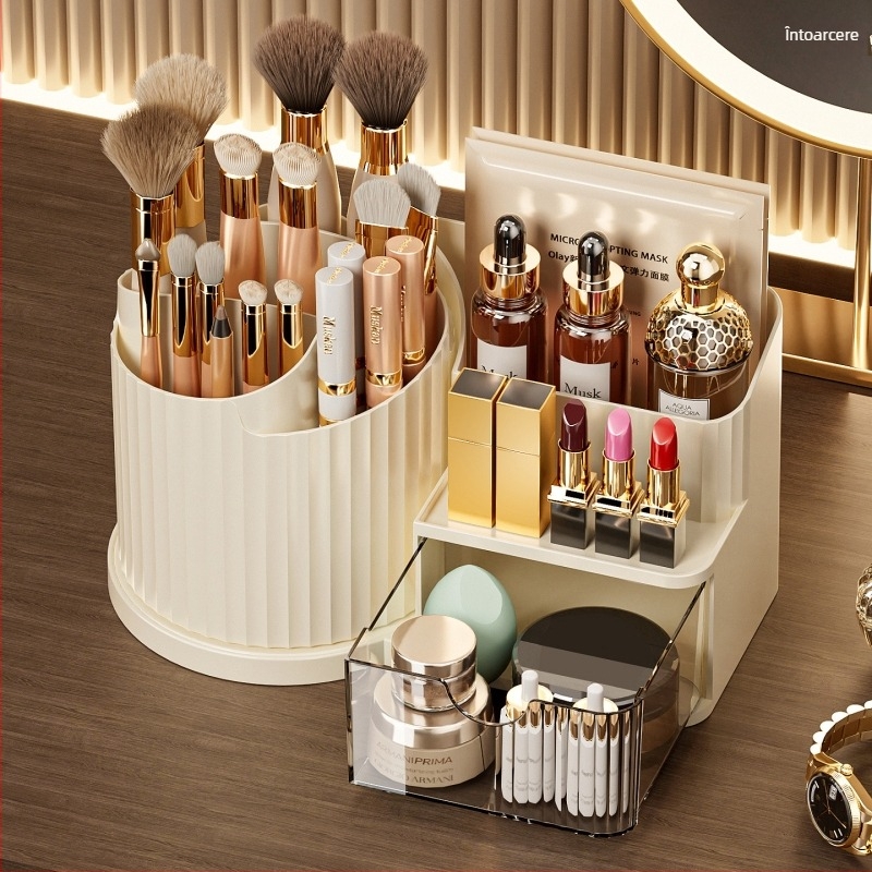 Organizator cosmetic pentru birou cu sertar pentru ruj – bază ABS, corp PP cilindric, sertar PS, procesare personalizată