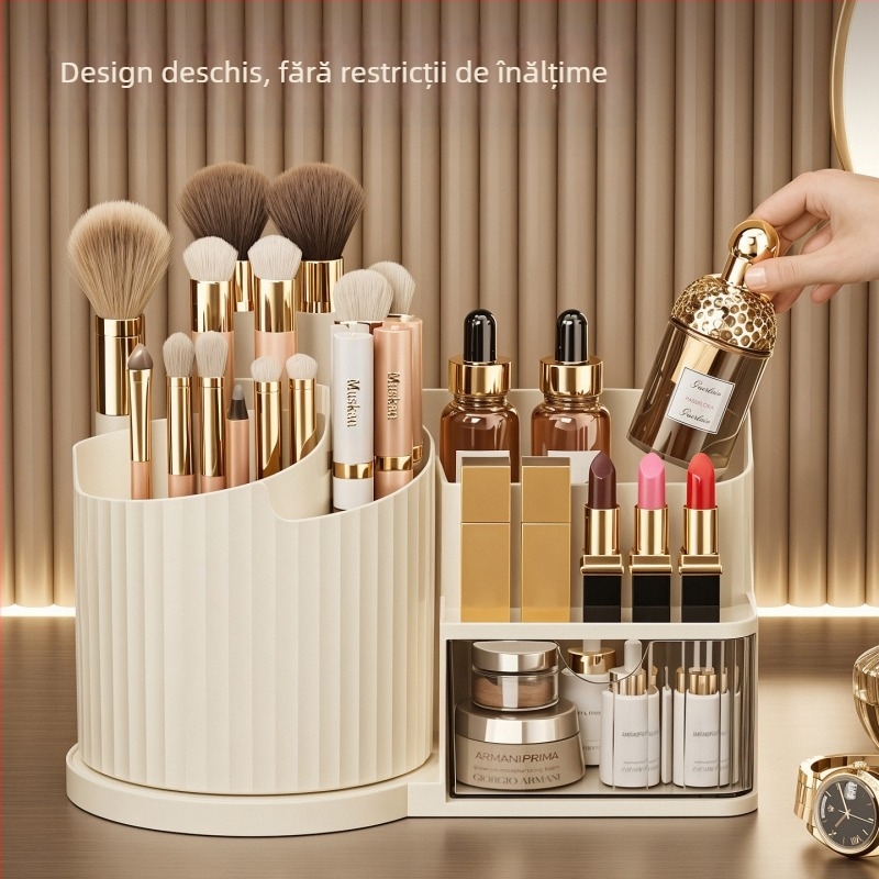 Organizator cosmetic pentru birou cu sertar pentru ruj – bază ABS, corp PP cilindric, sertar PS, procesare personalizată