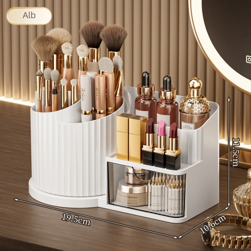 Organizator cosmetic pentru birou cu sertar pentru ruj – bază ABS, corp PP cilindric, sertar PS, procesare personalizată