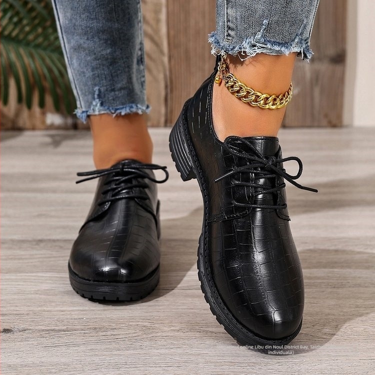 Pantofi loafer cu vârf rotund, PU upper, toc gros 6–8 cm, talpă din cauciuc, căptușeală din microfibră