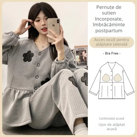 Set de pijamale maternitate pentru alăptare, bumbac aer gros, top cu mâneci lungi și pantaloni lungi, după naștere, pentru iarnă primăvară toamnă