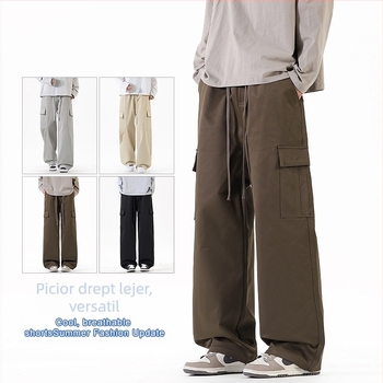 Pantaloni casual de lucru, croială largă, lungi, talie medie, închidere cu șnur, poliester uni