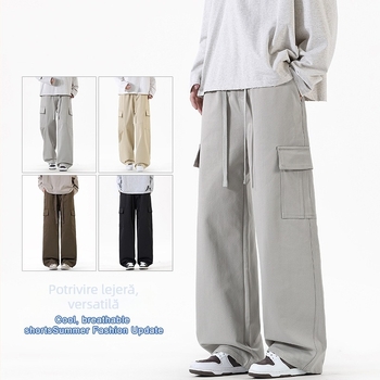 Pantaloni casual de lucru, croială largă, lungi, talie medie, închidere cu șnur, poliester uni