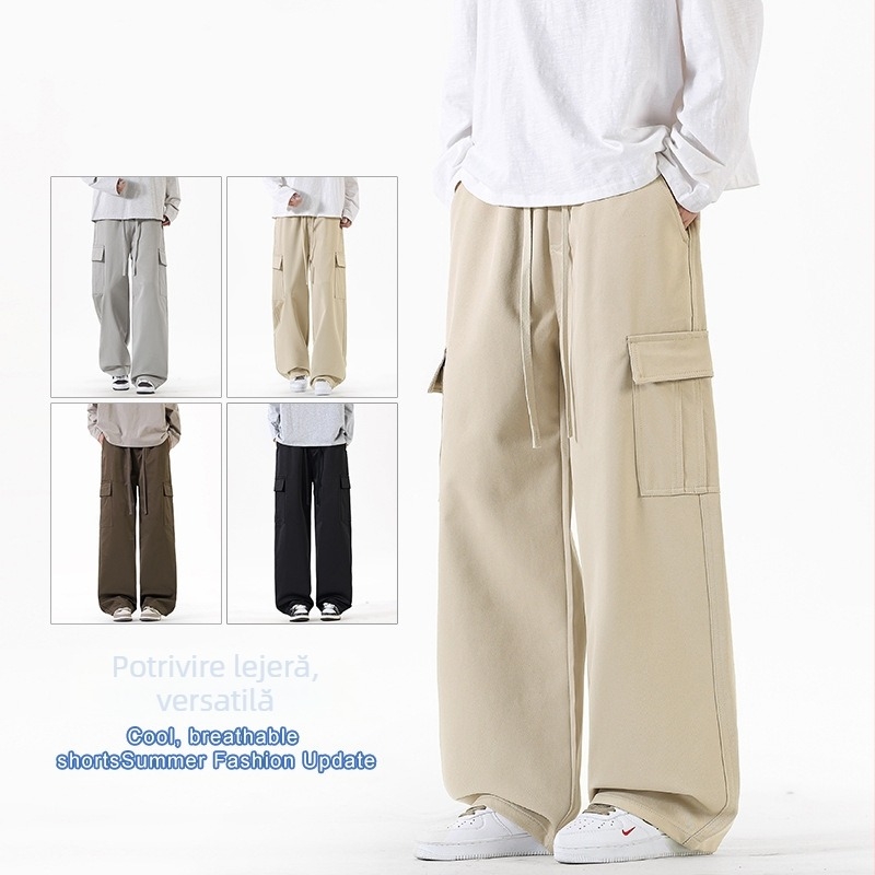 Pantaloni casual de lucru, croială largă, lungi, talie medie, închidere cu șnur, poliester uni