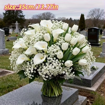 Bene 99 buchet artificial exterior pentru cimitir, 32 bucăți, cu tuberoză, Calla Lily și Gypsophila — materiale: plastic și PU, flocking, injection molding