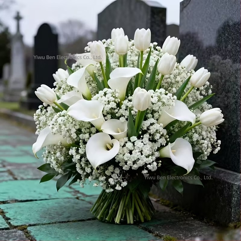 Bene 99 buchet artificial exterior pentru cimitir, 32 bucăți, cu tuberoză, Calla Lily și Gypsophila — materiale: plastic și PU, flocking, injection molding