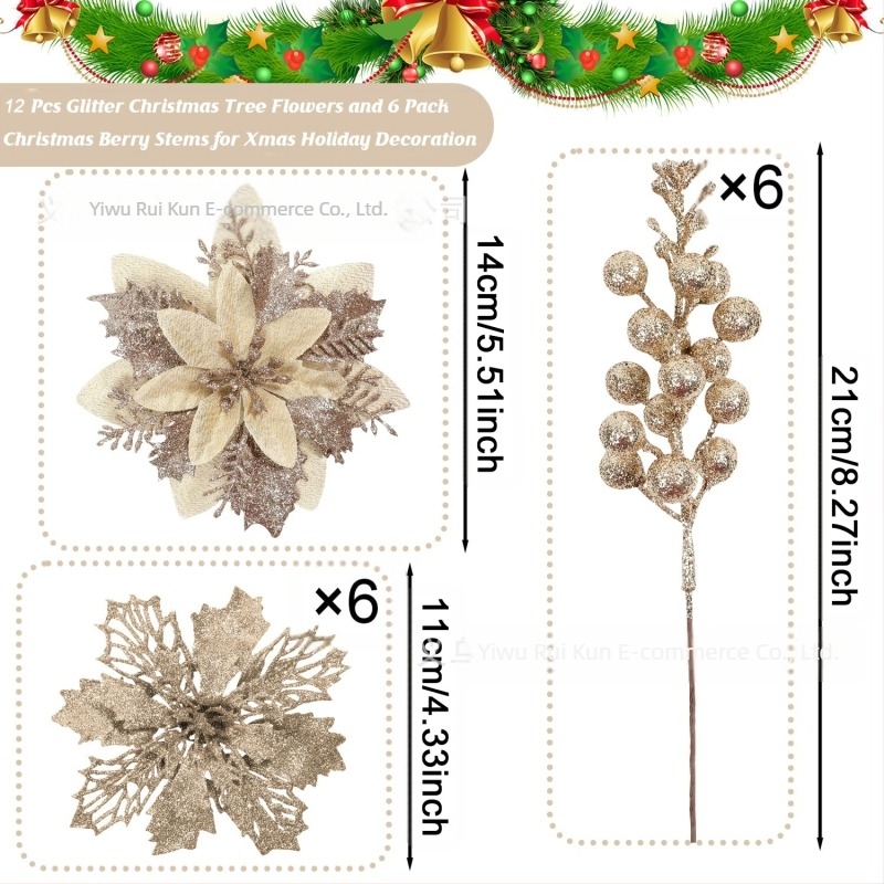 18 bucăți ornamente pentru brad, flori 3D cu două niveluri, plastic