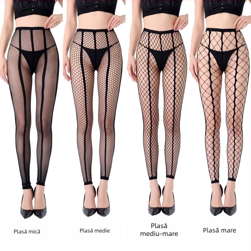 Colanți din plasă cu nouă secțiuni, găuri mici, două linii, transparenți, subțiri, modelare, nylon/poliamid