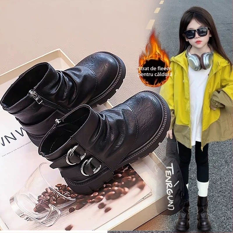 Ghete de modă pentru fete, piele microfibră, înălțime medie până la gambe, talpă din cauciuc, fermoar lateral