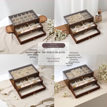 Cutie pentru bijuterii din lemn de nuc, trei straturi, stil coreean, design minimalist cu dungi