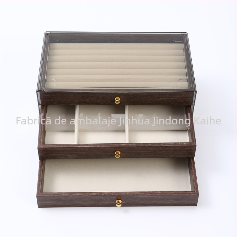 Cutie pentru bijuterii din lemn de nuc, trei straturi, stil coreean, design minimalist cu dungi