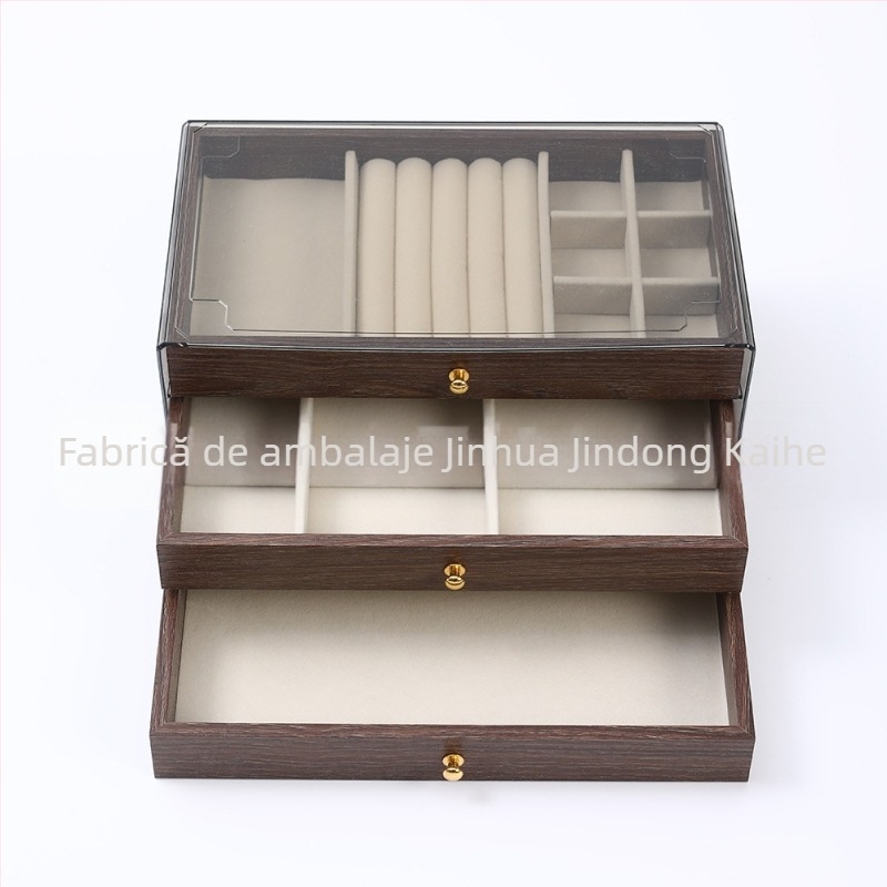 Cutie pentru bijuterii din lemn de nuc, trei straturi, stil coreean, design minimalist cu dungi