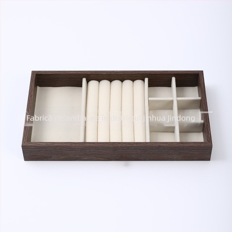 Cutie pentru bijuterii din lemn de nuc, trei straturi, stil coreean, design minimalist cu dungi