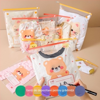 Sac de depozitare pentru haine, husă cubică din PE cu design drăguț de desene animate, fermoar transparent, rezistent la praf și sigilat, multifuncțional pentru lenjerie, cosmetică și articole de igienă