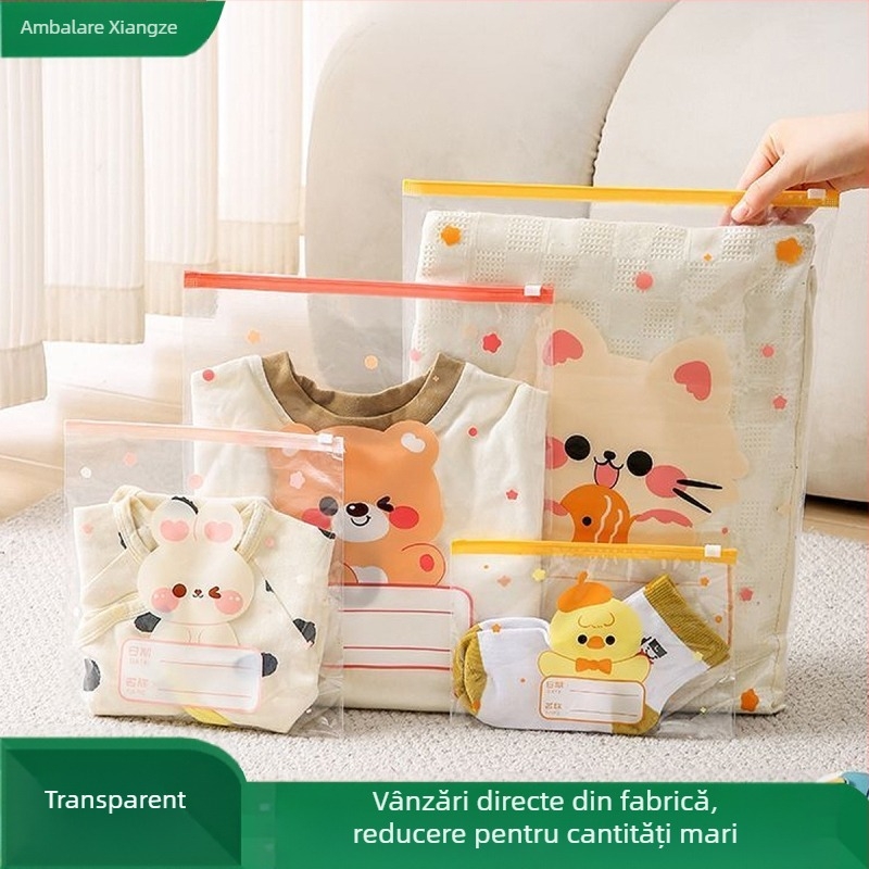 Sac de depozitare pentru haine, husă cubică din PE cu design drăguț de desene animate, fermoar transparent, rezistent la praf și sigilat, multifuncțional pentru lenjerie, cosmetică și articole de igienă