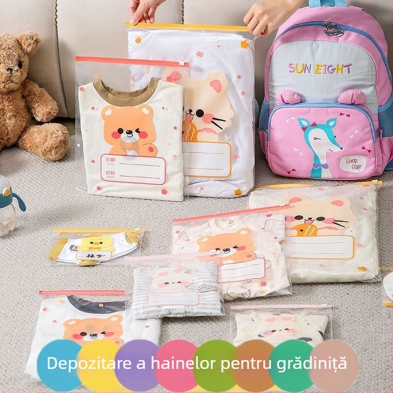 Sac de depozitare pentru haine, husă cubică din PE cu design drăguț de desene animate, fermoar transparent, rezistent la praf și sigilat, multifuncțional pentru lenjerie, cosmetică și articole de igienă