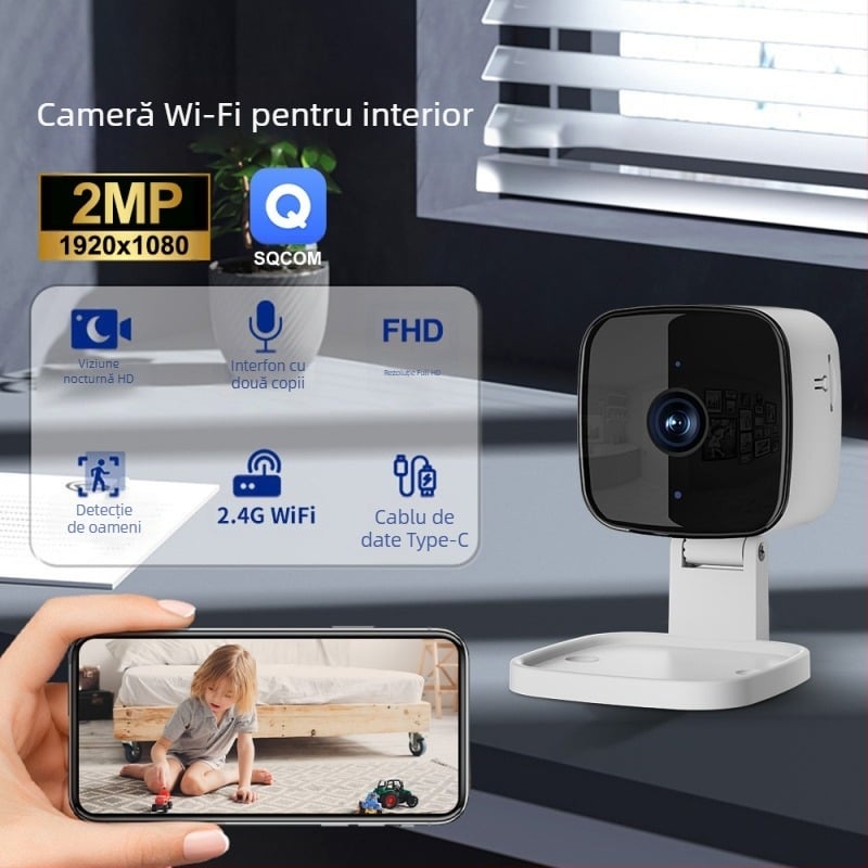 Cameră wireless de 360° pentru interior/exterior cu telecomandă – rotație orizontală 0-360°, viteză 180°/s, rotație verticală 90°, limită de rotație 355°, tensiune de alimentare AC110-220V