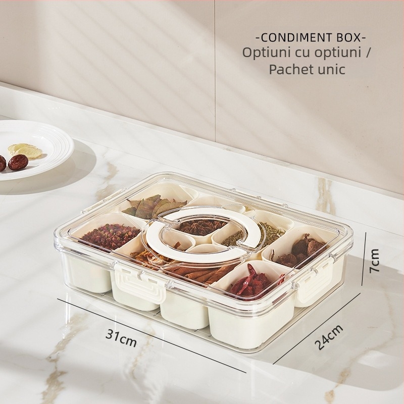 Cutie organizator pentru condimente, de calitate alimentară, portabilă, pătrată, cu un singur compartiment, capacitate 1-2 L, din plastic