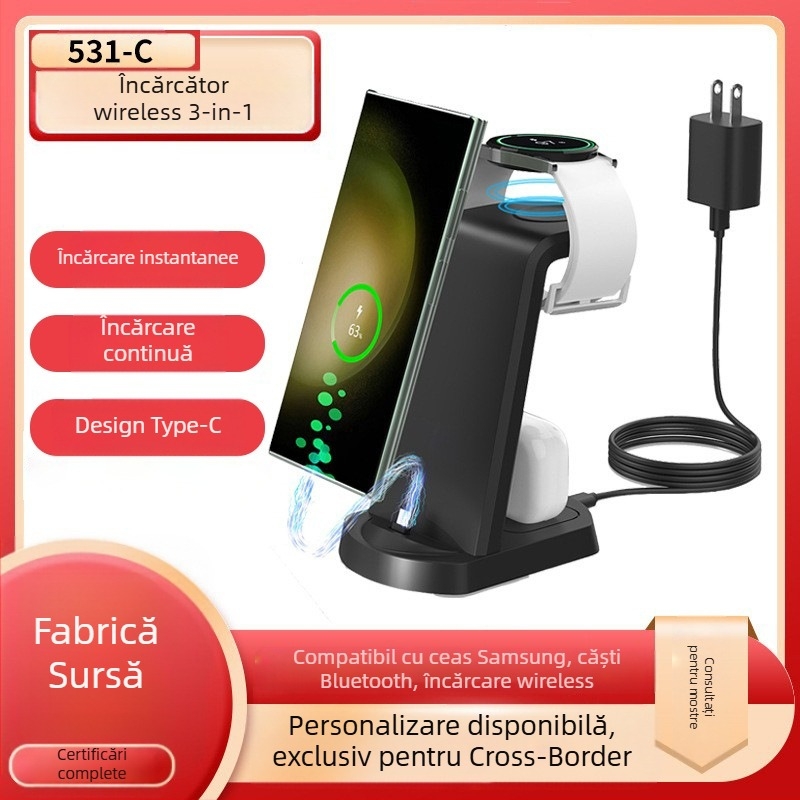 Încărcător wireless 3 în 1 cu suport de birou, 15W ieșire, QC3.0, 5V/3A