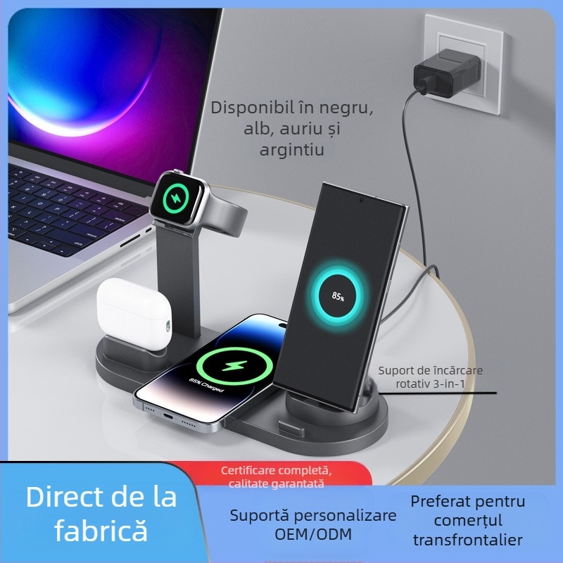 Încărcător wireless 5 în 1 cu suport rotativ pentru telefon și încărcare pentru ceas și căști — certificat Qi, QC3.0, până la 15W (Model BXD-07A)