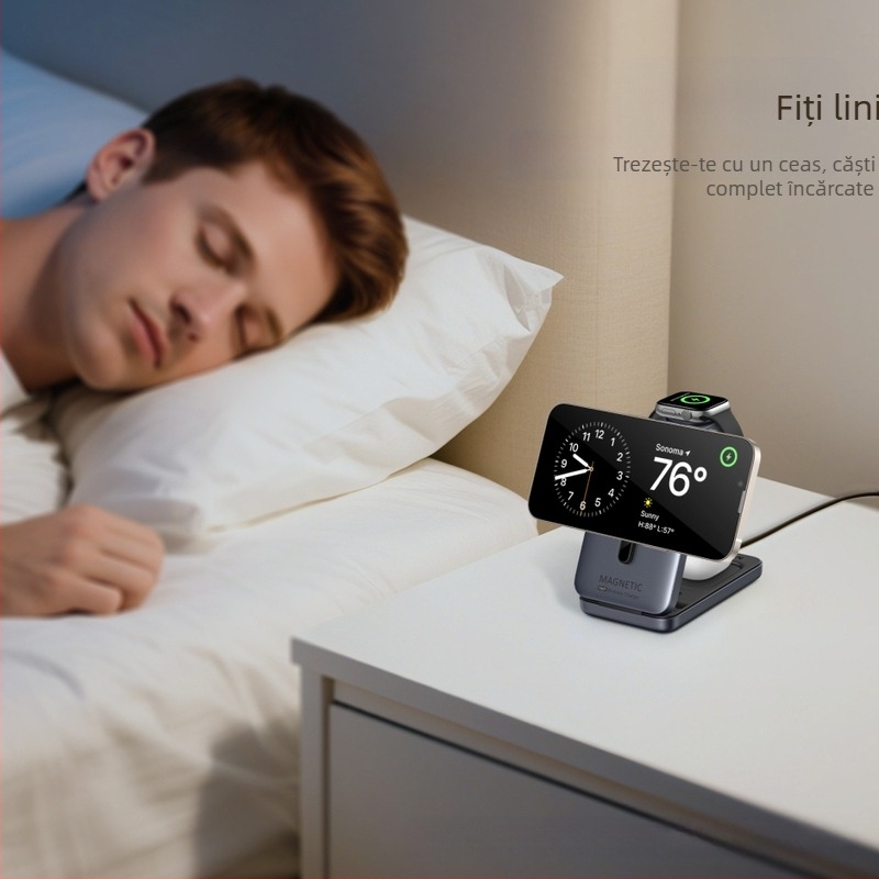 Încărcător wireless magnetic pliabil de birou, 3 în 1, cu suport pentru telefon, ceas și căști (PD până la 15W)