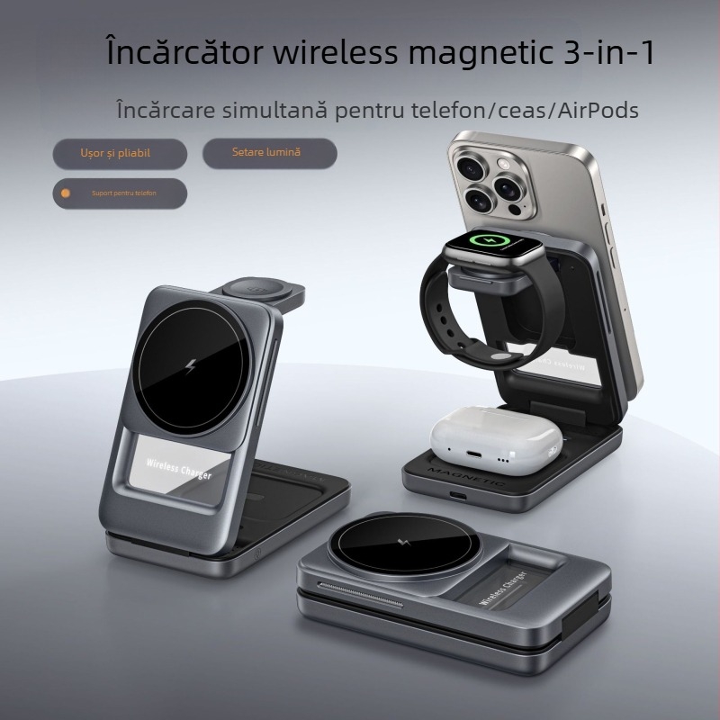 S29 Încărcător wireless 3-în-1, pliabil, portabil pentru telefon, cu suport magnetic de birou, încărcare rapidă QC3.0, 15W max