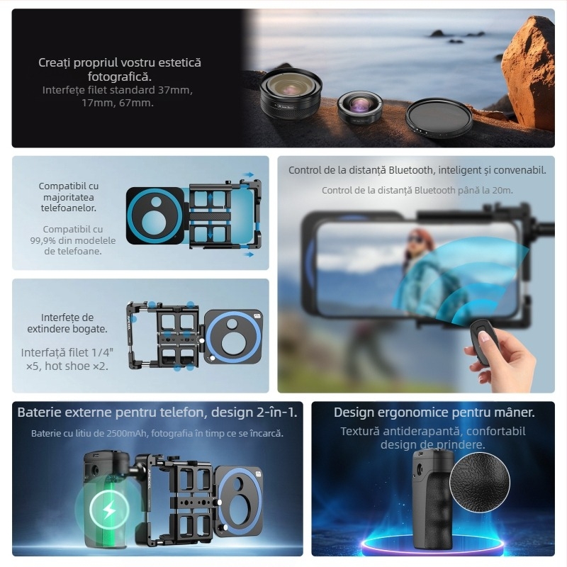 APEXEL VG05CH Clip portabil pentru telefon cu mâner Bluetooth antișoc, pentru streaming live în exterior și fotografie; material: aliaj de aluminiu; compatibil Apple/Huawei/Oppo/Vivo/Xiaomi/OnePlus/Honor