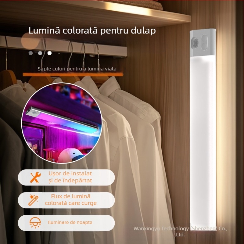 Lumină de noapte pentru garderobă cu senzor de mișcare, reîncărcabilă USB, montaj magnetic, iluminare ambientală în gradient